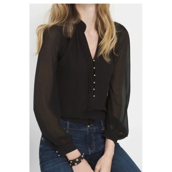 White House Black Market Tops - White House Black Market‎ Black Sheer Sleeve Woven Blouse Size 2 Gold Button